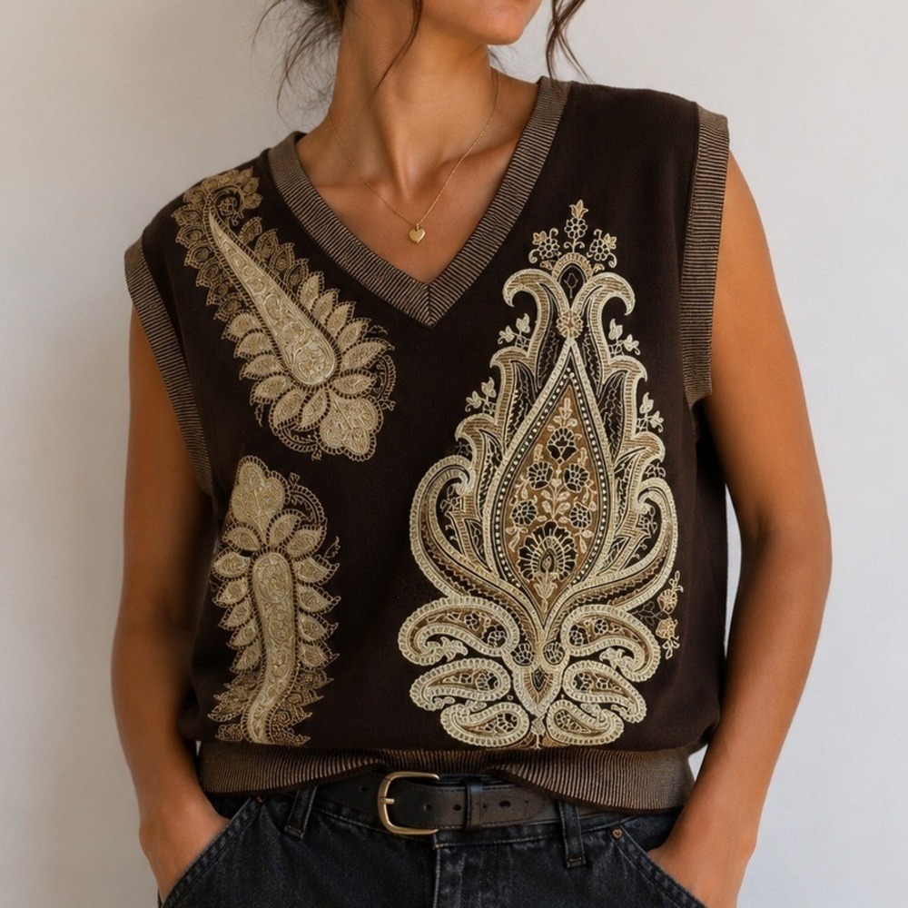 Prestige PD 2XL Paisley Sweater Vest Brown Beige Y2K Boho Knit Grandpa Core‎